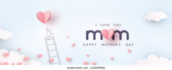 Mum postcard with paper flying elements, man and balloon on blue sky background. Vector symbols of love in shape of heart for Happy Mother's Day greeting card design