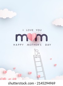 Mum postcard with paper flying elements, child and balloon on blue sky background. Vector symbols of love in shape of heart for Happy Mother's Day greeting card design