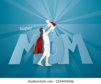 Mum is raising his son above his head on blue background .My mum is my hero, Mother's Day concept,paper craft style
