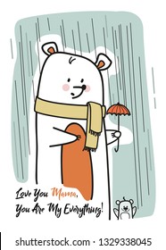 Mum trying to protect her child from rain and holding an umbrella vector stock 