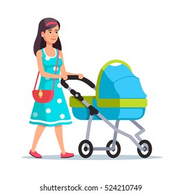 Mum walks with the child in a blue stroller