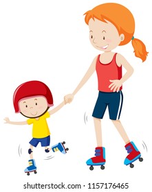 Mum and young boy rollaskating illustration
