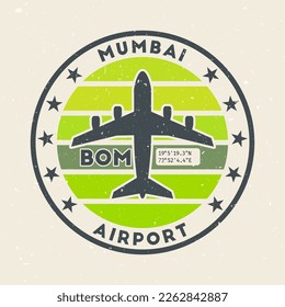 Mumbai airport insignia. Round badge with vintage stripes, airplane shape, airport IATA code and GPS coordinates. Classy vector illustration.