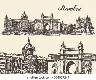 Mumbai, big city architecture, vintage engraved illustration, hand drawn, sketch