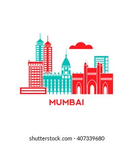 Arquitectura de la ciudad de Bombay ilustración retro vectorial, silueta de ciudad en horizonte, rascacielos, diseño plano
