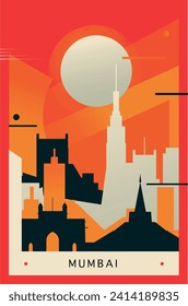 Mumbai city brutalism poster with abstract skyline, cityscape retro vector illustration. India, Maharashtra state travel front cover, brochure, flyer, leaflet, business presentation template image