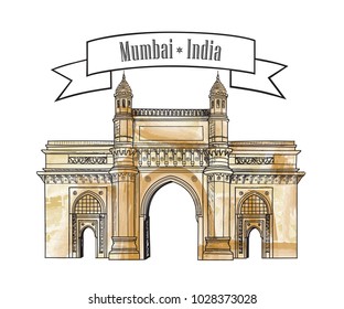 Mumbai city gate way icon, India. Famous indian hand drawn Maharashtra landmark. Travel India background