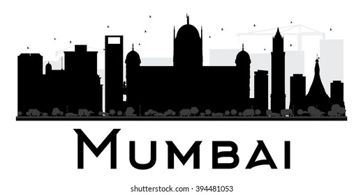 Mumbai City skyline black and white silhouette. Vector illustration. Simple flat concept for tourism presentation, banner, placard or web site. Business travel concept. Cityscape with landmarks