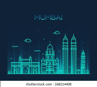 Mumbai City skyline detailed silhouette. Trendy vector illustration, line art style.