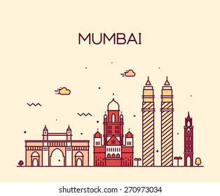 Mumbai City skyline detailed silhouette. Trendy vector illustration, line art style.