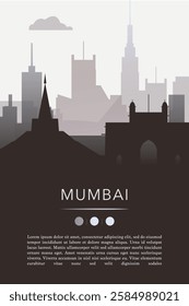 Mumbai city template for website, presentation, front page, invitation, publication sheet with skyline, landmarks. Vector India image layout, simple and grayscale