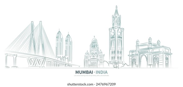 Vector de dibujo de línea de paisaje urbano de Bombay. estilo de boceto de Bombay, ilustración de Lugar famoso de la India 
