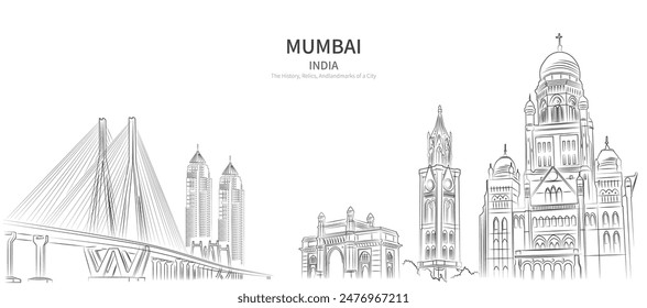 Vector de dibujo de línea de paisaje urbano de Bombay. estilo de boceto de Bombay, ilustración de Lugar famoso de la India 
