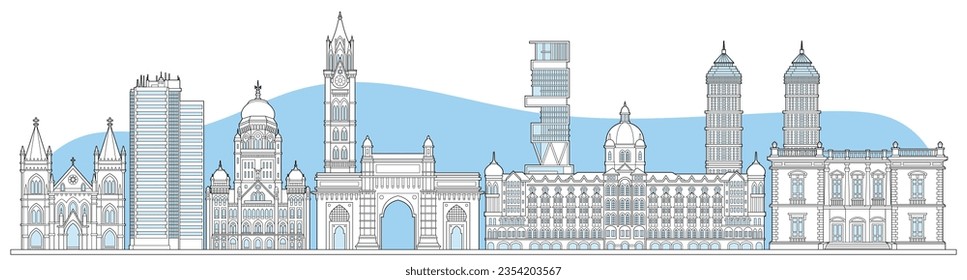 Mumbai cityscape sketch. Horizontal banner with outline architecture and buildings, houses and skyscrapers, monument and attractions. Linear flat vector illustration isolated on white background