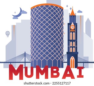 Mumbai culture travel set, famous architectures and specialties in flat design. Business travel and tourism concept clipart. Image for presentation, banner, website, advert, flyer, roadmap, icons