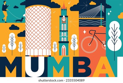 Mumbai culture travel set, famous architectures and specialties in flat design. Business travel and tourism concept clipart. Image for presentation, banner, website, advert, flyer, roadmap, icons