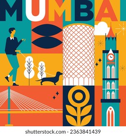 Mumbai culture travel set, famous architectures and specialties in flat design. Business travel and tourism concept clipart. Image for presentation, banner, website, advert, flyer, roadmap, icons