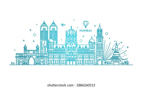 Mumbai detailed skyline. Travel and tourism background. Vector background. line illustration. Line art style