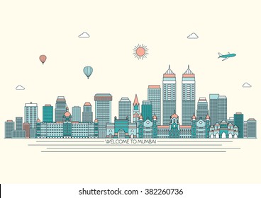 Mumbai detailed skyline. Travel and tourism background. Vector background. line illustration. Line art style