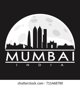 Mumbai Full Moon Night Skyline Silhouette Design City Vector Art