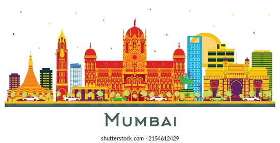 Mumbai India City Skyline with Color Buildings Isolated on White. Vector Illustration. Business Travel and Tourism Concept with Modern Architecture. Mumbai Cityscape with Landmarks.