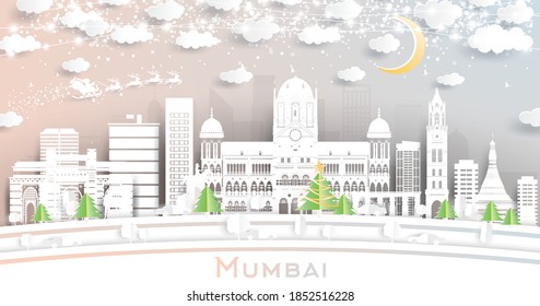 Mumbai India City Skyline in Paper Cut Style with Snowflakes, Moon and Neon Garland. Vector Illustration. Christmas and New Year Concept. Santa Claus on Sleigh.