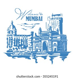 Mumbai, India Gate and the Taj Mahal Hotel Mumbai, the view from the Arabian Sea. Vector monochrome illustration.
