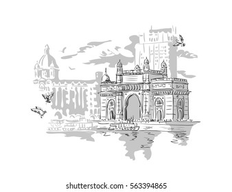 Mumbai, India Gate and the Taj Mahal Hotel Mumbai, the view from the Arabian Sea. Vector monochrome illustration.