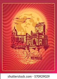 Mumbai, India Gate and the Taj Mahal Hotel Mumbai, the view from the Arabian Sea against the background of a full moon and reflex. Poster retro.