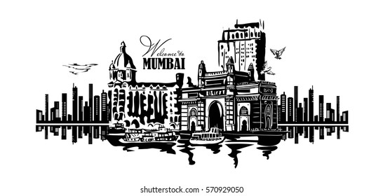 Mumbai, India Gate and the Taj Mahal Hotel Mumbai, the view from the Arabian Sea. Poster retro.