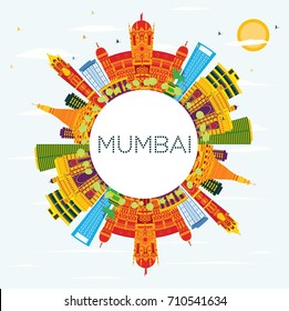 Mumbai India Skyline With Color Buildings, Blue Sky And Copy Space. Vector Illustration. Business Travel And Tourism Concept With Historic Architecture.