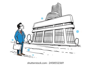 Mumbai, india.Bombay stock exchange building concept illustration, Man with bag illustration.