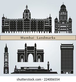 Mumbai landmarks and monuments isolated on blue background in editable vector file