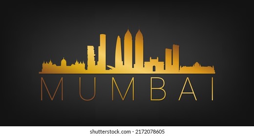 Mumbai, Maharashtra, India Gold Skyline City Silhouette Vector. Golden Design Luxury Style Icon Symbols. Travel and Tourism Famous Buildings.