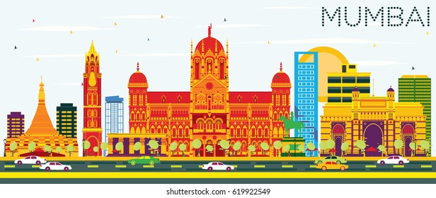 Mumbai Skyline with Color Buildings and Blue Sky. Vector Illustration. Business Travel and Tourism Concept with Modern Architecture. Image for Presentation Banner Placard and Web Site.