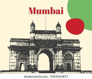 Mumbai Skyline - Gateway of India Line Art. Iconic Landmark: Gateway of India, Cityscape Line Art of Mumbai, Mumbai Skyline Sketch: Gateway Monument