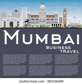 Línea aérea de Mumbai con monumentos grises y cielo azul. Ilustración vectorial. Concepto de viajes de negocios y turismo con espacio para copias. Imagen para Presentación Placard Banner y Sitio Web.