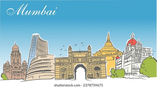 Mumbai Skyline with Historic Buildings simple contemporary art Illustration.