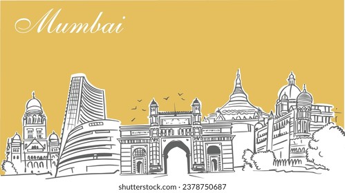 Esquina de Mumbai con Edificios Históricos, Vector simple e Ilustración contemporánea. monumentos de arte en línea

