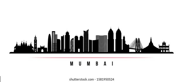 Mumbai skyline horizontal banner. Black and white silhouette of Mumbai, India. Vector template for your design. 