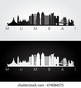 Esquina de Mumbai y silueta histórica, diseño en blanco y negro, ilustración vectorial. 