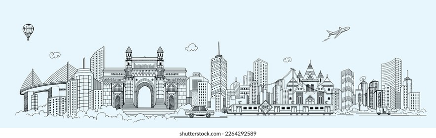Mumbai skyline landscape view of the city of Mumbai with characteristics of buildings and monuments in line vector art, BOMBAY city vector panoramic sketch.