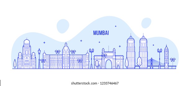 Mumbai skyline, Maharashtra, India. This illustration represents the city with its most notable buildings. Vector is fully editable, every object is holistic and movable