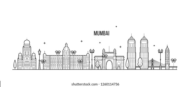 Mumbai skyline, Maharashtra, India. This illustration represents the city with its most notable buildings. Vector is fully editable, every object is holistic and movable