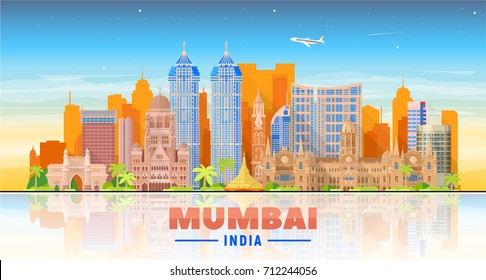 Mumbai Skyline On A Sky Background. Flat Vector Illustration. Business Travel And Tourism Concept With Modern Buildings. Image For Banner Or Web Site.