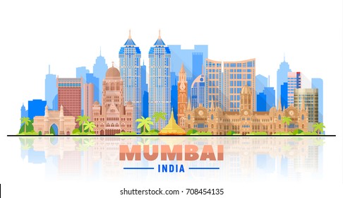 Mumbai Skyline On A White Background. Flat Vector Illustration. Business Travel And Tourism Concept With Modern Buildings. Image For Banner Or Web Site.