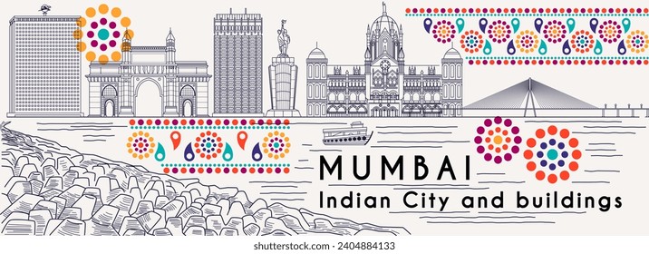 Skyline de Mumbai. Panorama de la ciudad india de Mumbai con monumentos y edificios famosos. Paisaje con arquitectura urbana y monumentos. Paisaje urbano con rascacielos. Dibujo vectorial plano