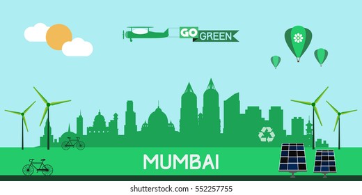 Mumbai skyline silhouette flat design vector, green city concept