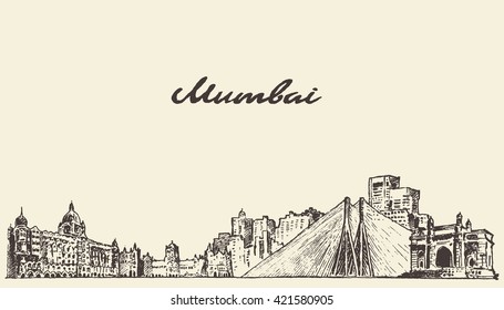 Mumbai skyline, vintage vector engraved illustration, hand drawn, sketch