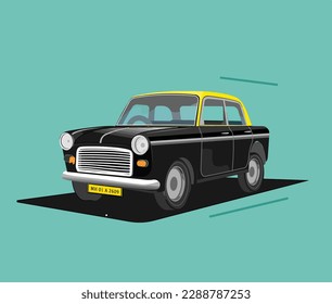 Vector de ilustración de taxi de Bombay. Taxi negro amarillo.